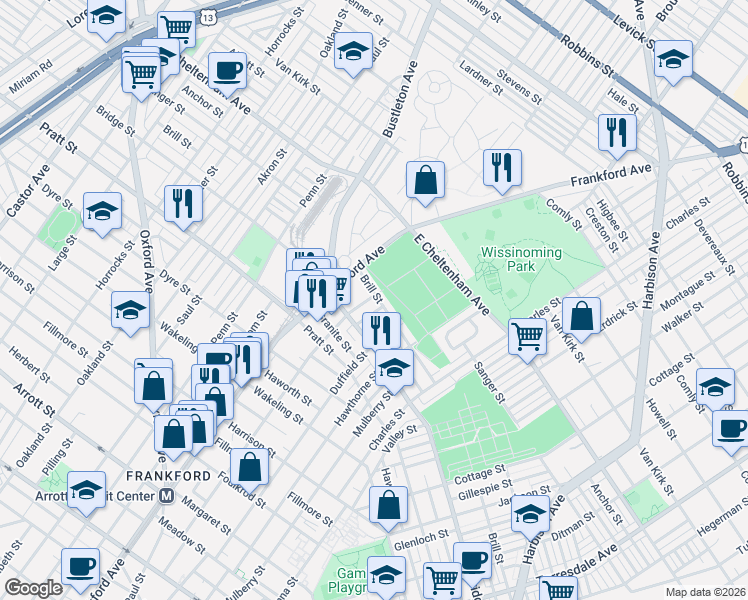 map of restaurants, bars, coffee shops, grocery stores, and more near 5343 Darrah Street in Philadelphia