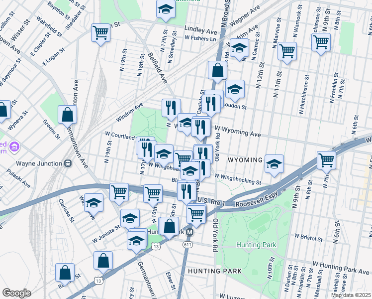 map of restaurants, bars, coffee shops, grocery stores, and more near 4556 North 15th Street in Philadelphia