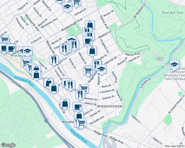 map of restaurants, bars, coffee shops, grocery stores, and more near 5442 Ridge Avenue in Philadelphia