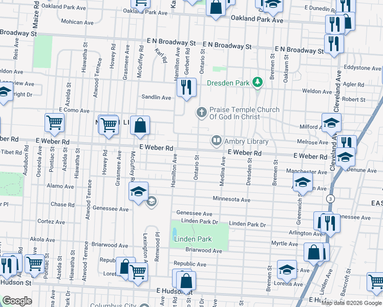 map of restaurants, bars, coffee shops, grocery stores, and more near 1295 East Weber Road in Columbus