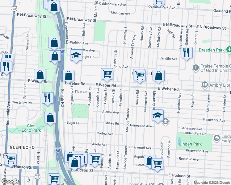 map of restaurants, bars, coffee shops, grocery stores, and more near 2831 Azelda Street in Columbus