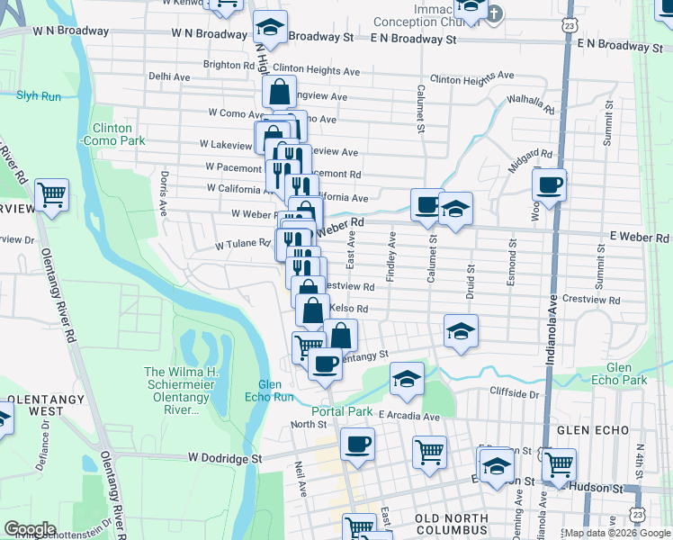 map of restaurants, bars, coffee shops, grocery stores, and more near 63 East Tulane Road in Columbus