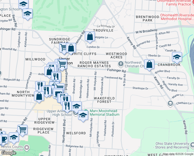 map of restaurants, bars, coffee shops, grocery stores, and more near 1465 Trentwood Road in Columbus