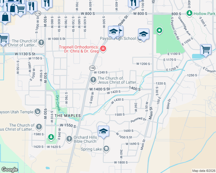 map of restaurants, bars, coffee shops, grocery stores, and more near 1398 South 400 West Street in Payson