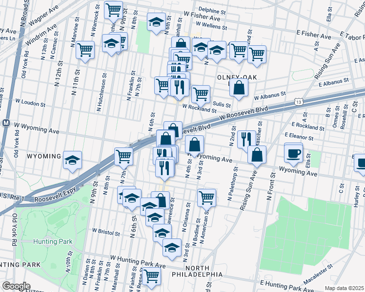 map of restaurants, bars, coffee shops, grocery stores, and more near 4715 North Lawrence Street in Philadelphia