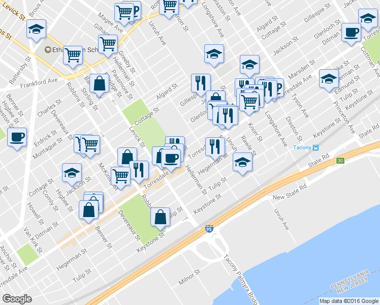 map of restaurants, bars, coffee shops, grocery stores, and more near 6524 Torresdale Avenue in Philadelphia