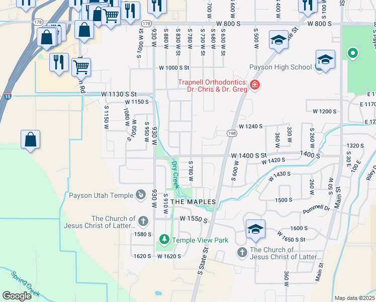 map of restaurants, bars, coffee shops, grocery stores, and more near 1354 South 780 West in Payson