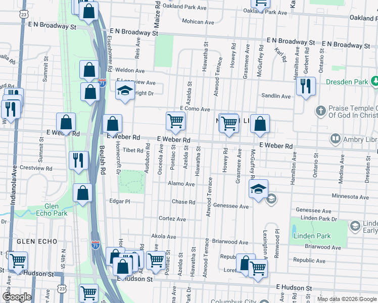 map of restaurants, bars, coffee shops, grocery stores, and more near 2831 Azelda Street in Columbus
