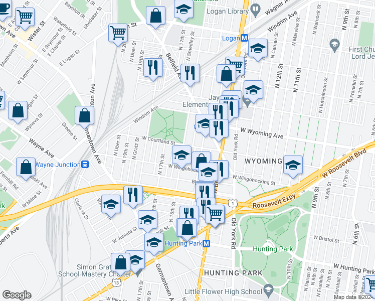 map of restaurants, bars, coffee shops, grocery stores, and more near 4550 North Mole Street in Philadelphia