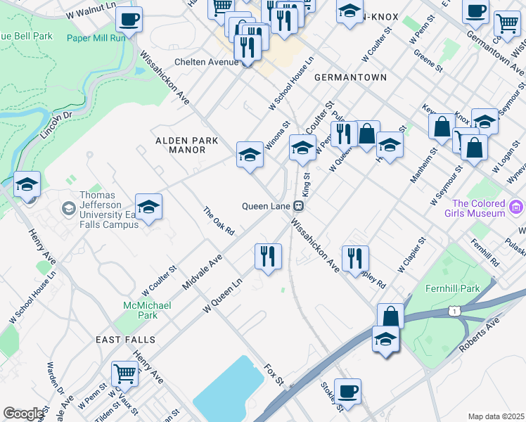 map of restaurants, bars, coffee shops, grocery stores, and more near 2807 Midvale Avenue in Philadelphia