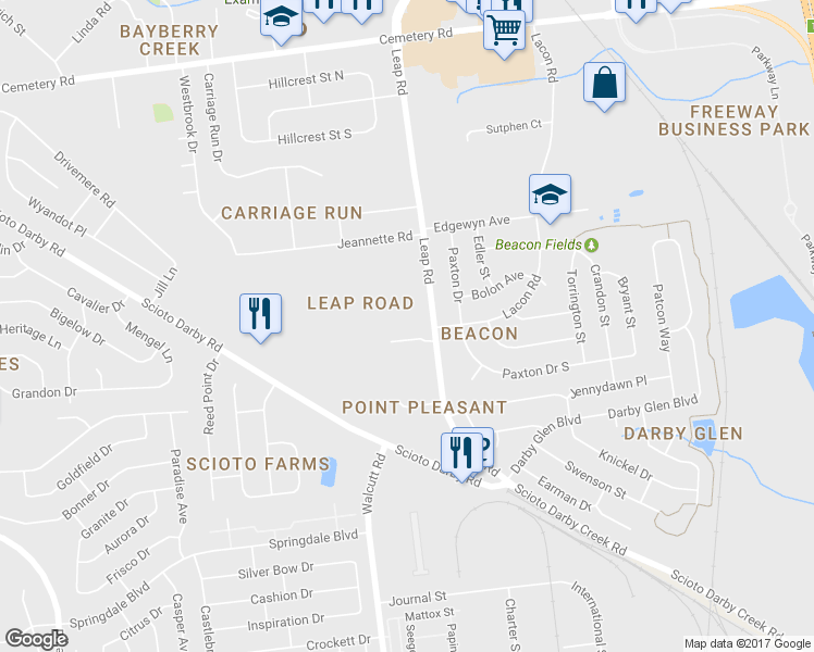 map of restaurants, bars, coffee shops, grocery stores, and more near 3453 Leap Road in Hilliard