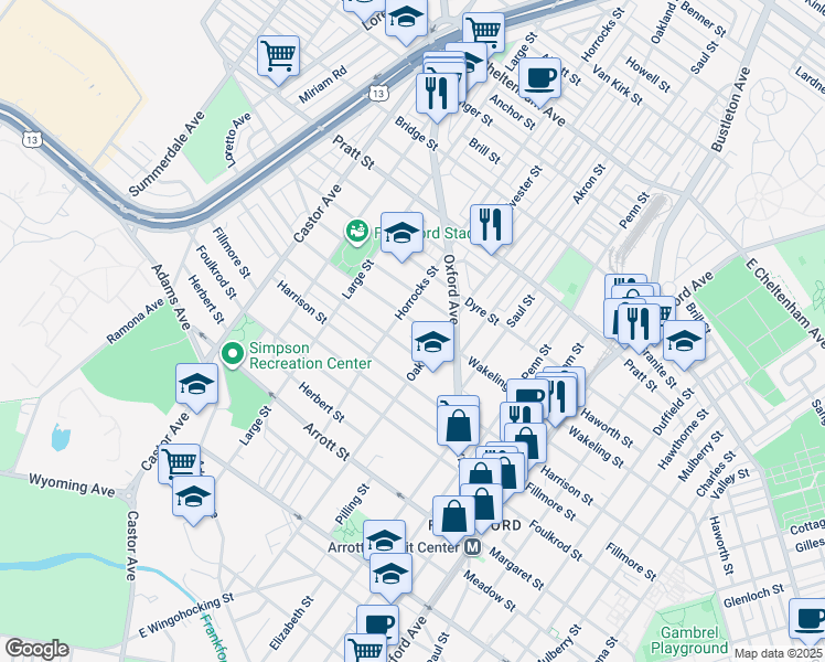 map of restaurants, bars, coffee shops, grocery stores, and more near 1214 Wakeling St in Philadelphia