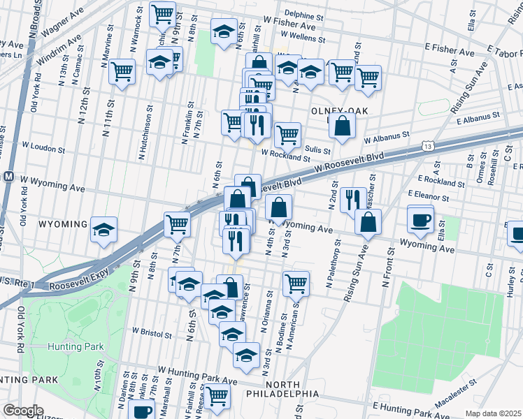 map of restaurants, bars, coffee shops, grocery stores, and more near 4715 North Lawrence Street in Philadelphia