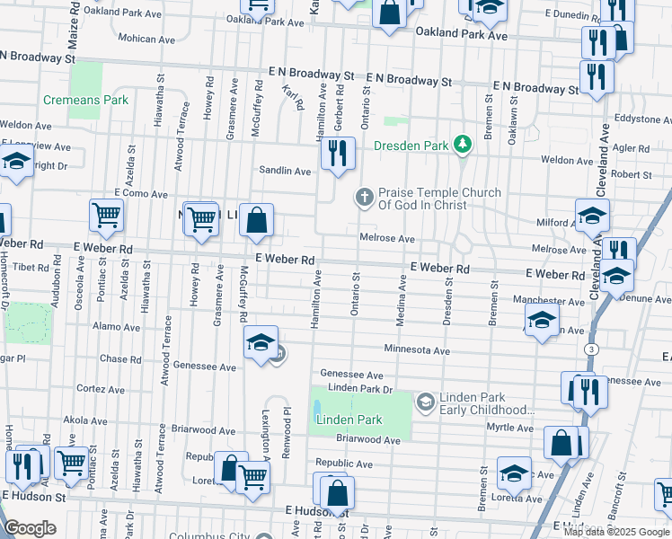 map of restaurants, bars, coffee shops, grocery stores, and more near 1295 East Weber Road in Columbus