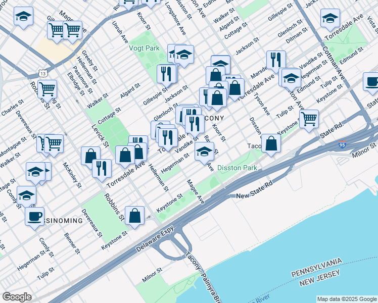 map of restaurants, bars, coffee shops, grocery stores, and more near 6634 Hegerman Street in Philadelphia