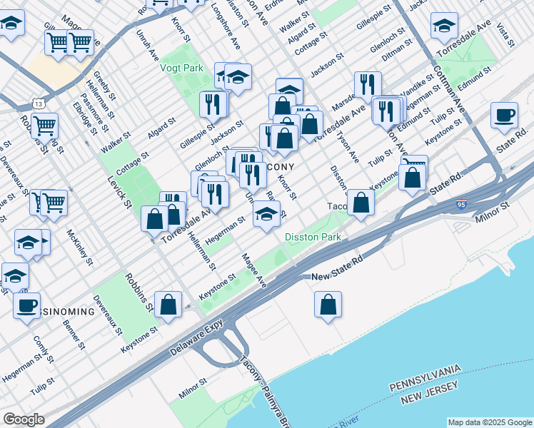 map of restaurants, bars, coffee shops, grocery stores, and more near 4811 Unruh Avenue in Philadelphia