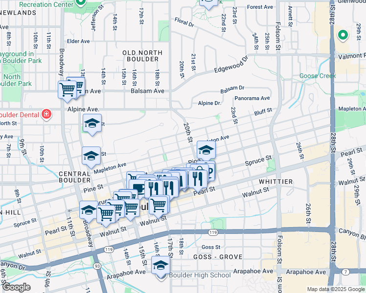 map of restaurants, bars, coffee shops, grocery stores, and more near 1913 Mapleton Avenue in Boulder