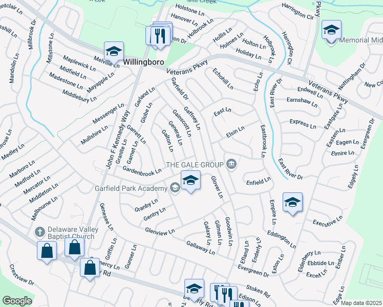 map of restaurants, bars, coffee shops, grocery stores, and more near 2 General Lane in Willingboro