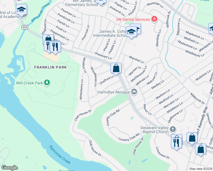 map of restaurants, bars, coffee shops, grocery stores, and more near 45 Courtland Lane in Willingboro