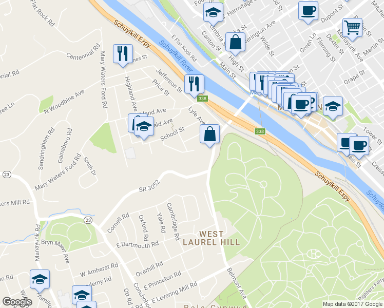 map of restaurants, bars, coffee shops, grocery stores, and more near 132 Maple Avenue in Bala Cynwyd