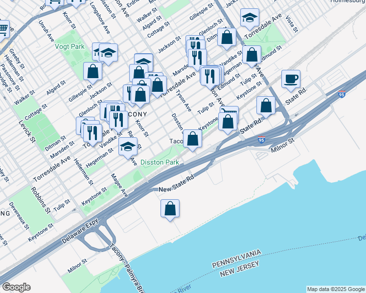 map of restaurants, bars, coffee shops, grocery stores, and more near 6901 Keystone Street in Philadelphia