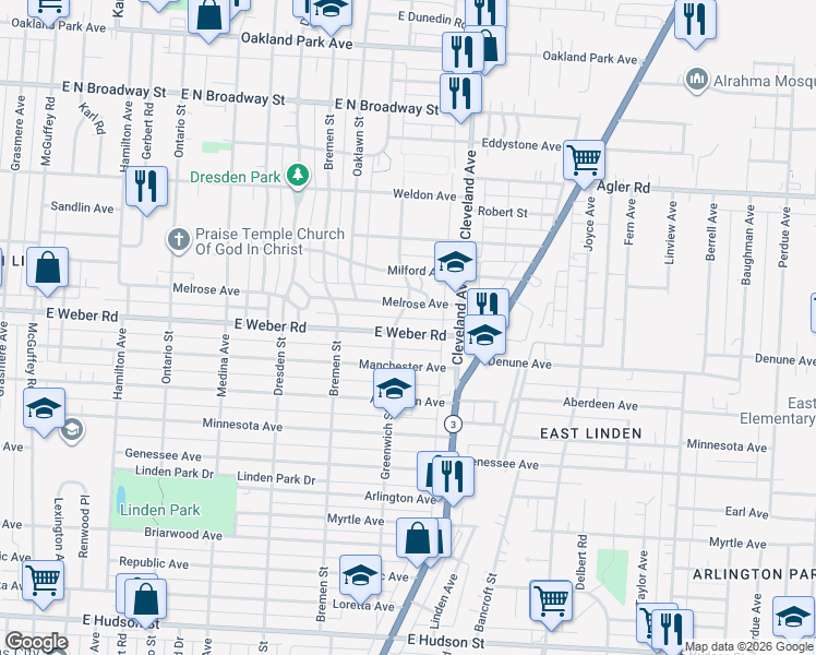 map of restaurants, bars, coffee shops, grocery stores, and more near 1682 East Weber Road in Columbus