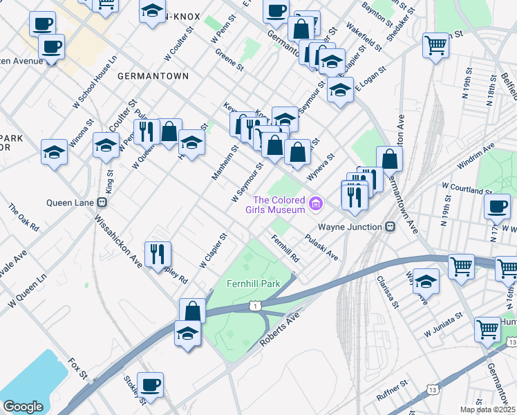 map of restaurants, bars, coffee shops, grocery stores, and more near 307 West Logan Street in Philadelphia