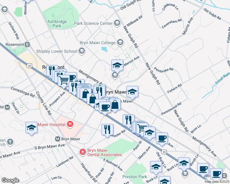 map of restaurants, bars, coffee shops, grocery stores, and more near in Bryn Mawr