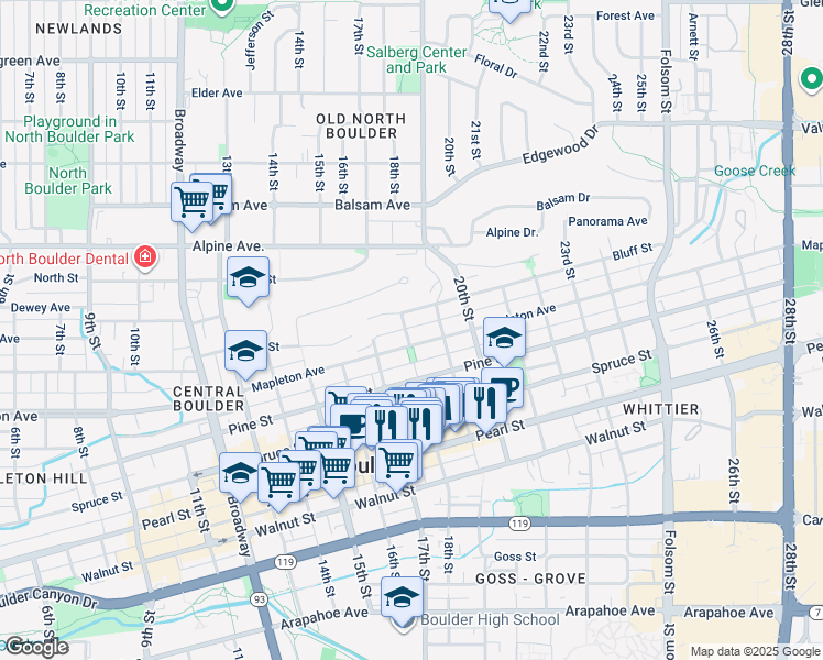 map of restaurants, bars, coffee shops, grocery stores, and more near 2320 18th Street in Boulder
