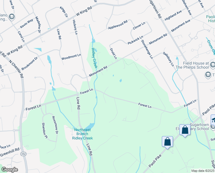 map of restaurants, bars, coffee shops, grocery stores, and more near 846 Forest Lane in Malvern