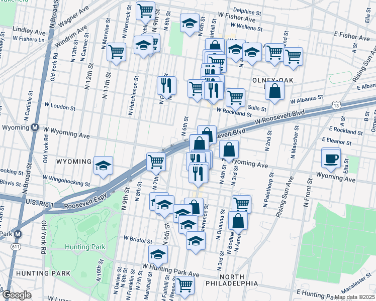 map of restaurants, bars, coffee shops, grocery stores, and more near 536 West Roosevelt Boulevard in Philadelphia