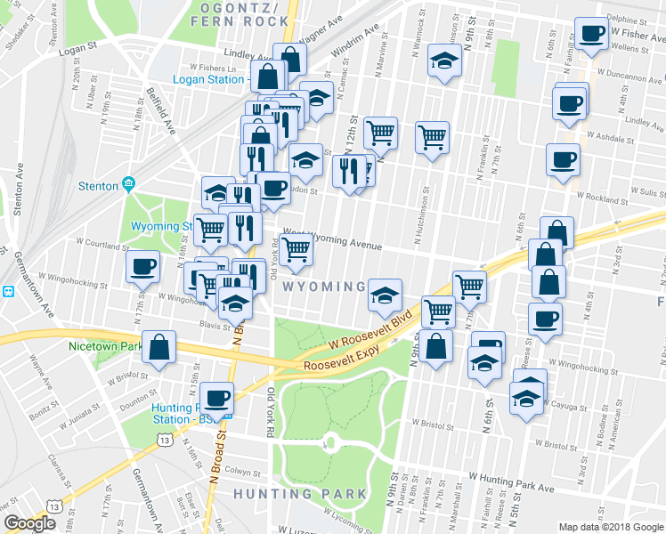 map of restaurants, bars, coffee shops, grocery stores, and more near 4623 North 12th Street in Philadelphia