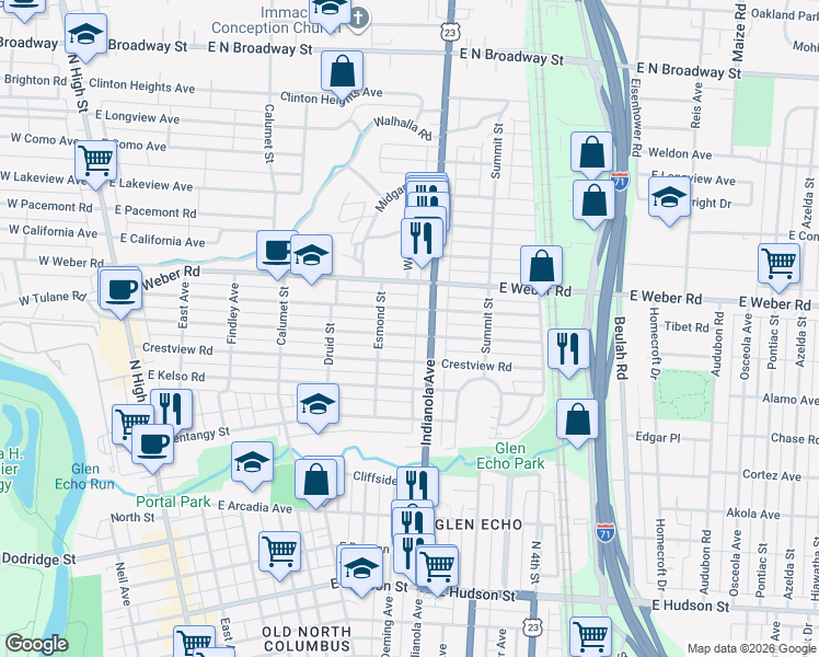 map of restaurants, bars, coffee shops, grocery stores, and more near 394 East Tulane Road in Columbus