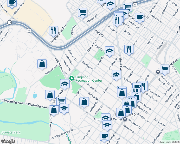 map of restaurants, bars, coffee shops, grocery stores, and more near 1031 Fillmore Street in Philadelphia