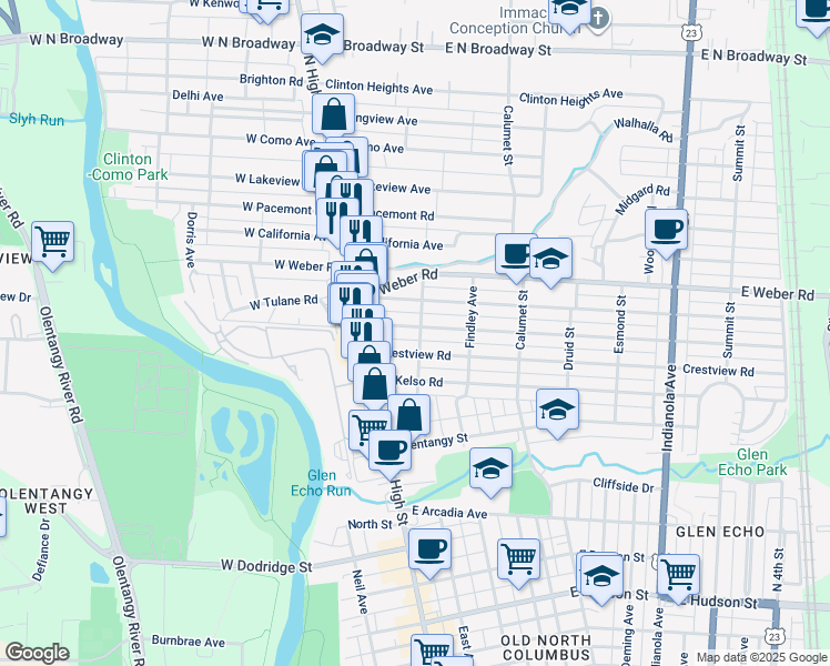 map of restaurants, bars, coffee shops, grocery stores, and more near 63 East Tulane Road in Columbus