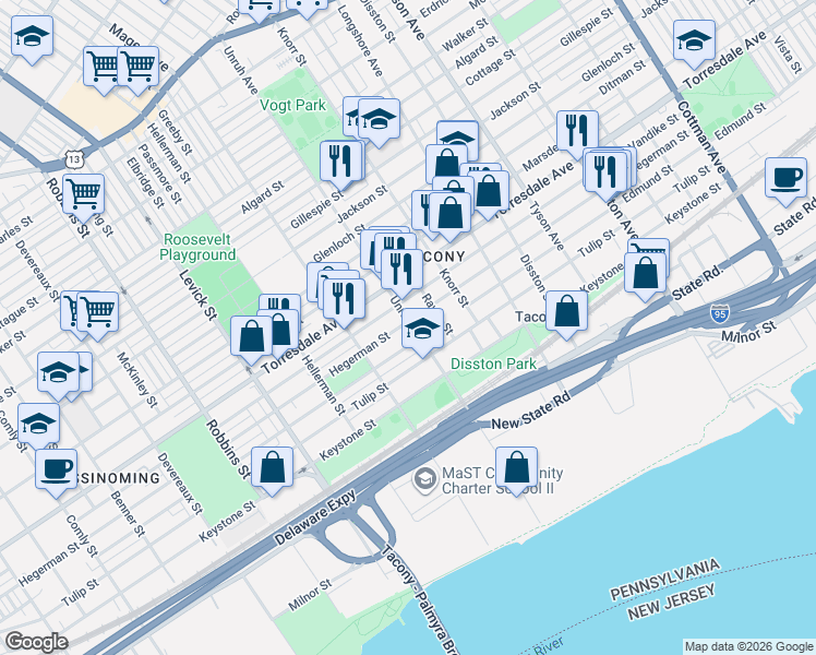 map of restaurants, bars, coffee shops, grocery stores, and more near 4811 Unruh Avenue in Philadelphia