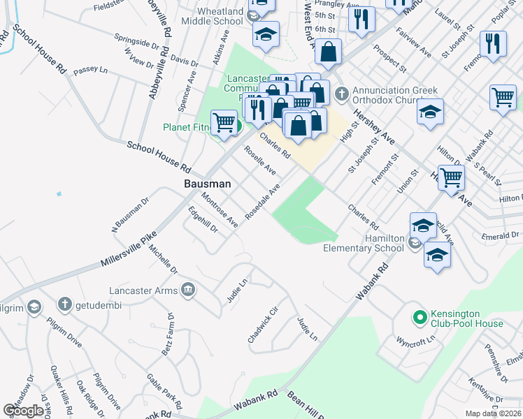 map of restaurants, bars, coffee shops, grocery stores, and more near 300 Rosedale Ave in Lancaster