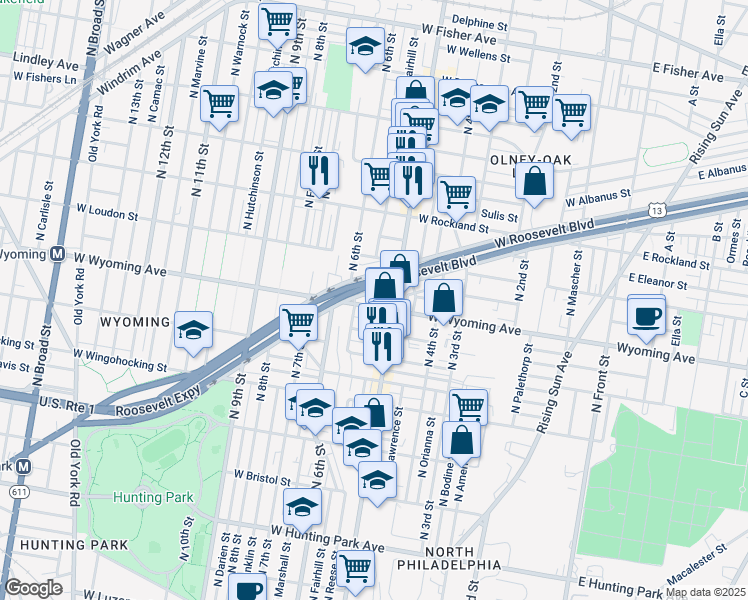 map of restaurants, bars, coffee shops, grocery stores, and more near 536 West Roosevelt Boulevard in Philadelphia