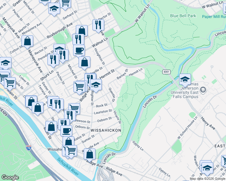 map of restaurants, bars, coffee shops, grocery stores, and more near 5443 Houghton Place in Philadelphia