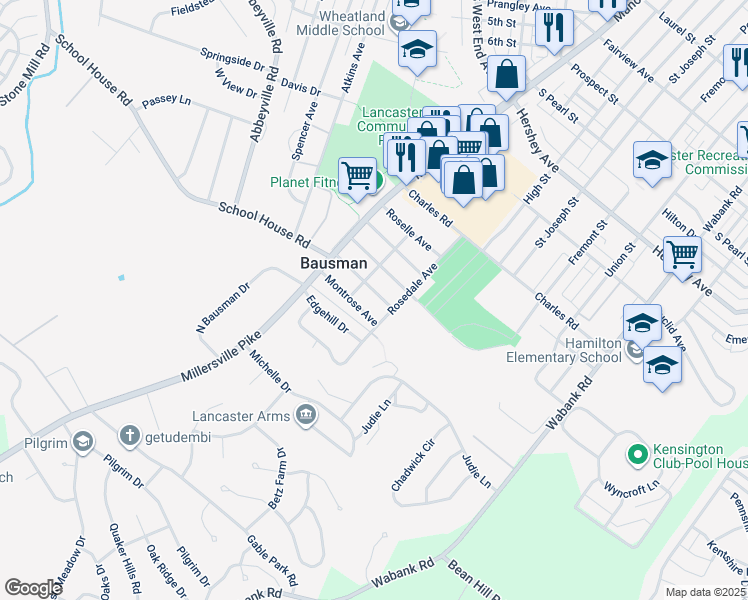 map of restaurants, bars, coffee shops, grocery stores, and more near 124 Roselawn Avenue in Lancaster