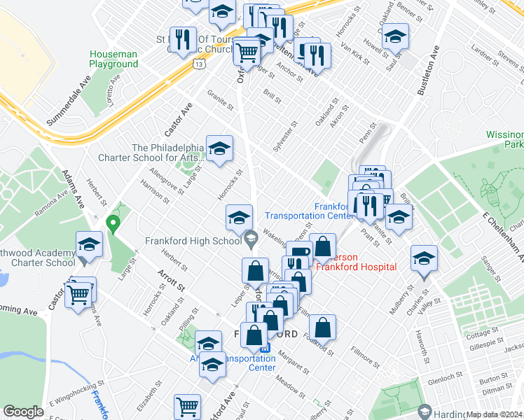 map of restaurants, bars, coffee shops, grocery stores, and more near 5051 Oxford Avenue in Philadelphia