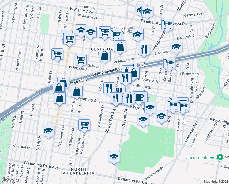 map of restaurants, bars, coffee shops, grocery stores, and more near 4740 North Mascher Street in Philadelphia