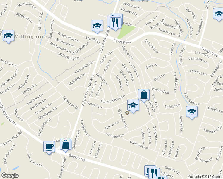 map of restaurants, bars, coffee shops, grocery stores, and more near 20 Garrett Lane in Willingboro