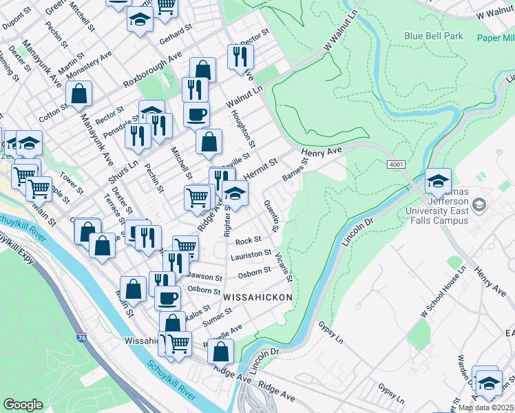 map of restaurants, bars, coffee shops, grocery stores, and more near 5453 Vicaris Street in Philadelphia