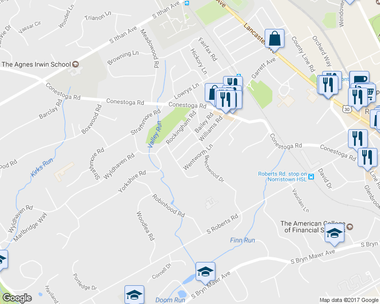 map of restaurants, bars, coffee shops, grocery stores, and more near 317 Williams Road in Bryn Mawr