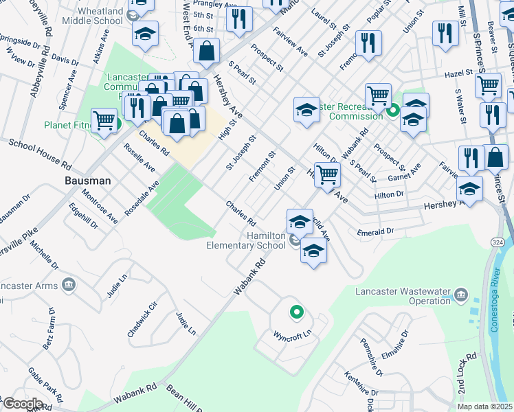 map of restaurants, bars, coffee shops, grocery stores, and more near 1249 Union Street in Lancaster