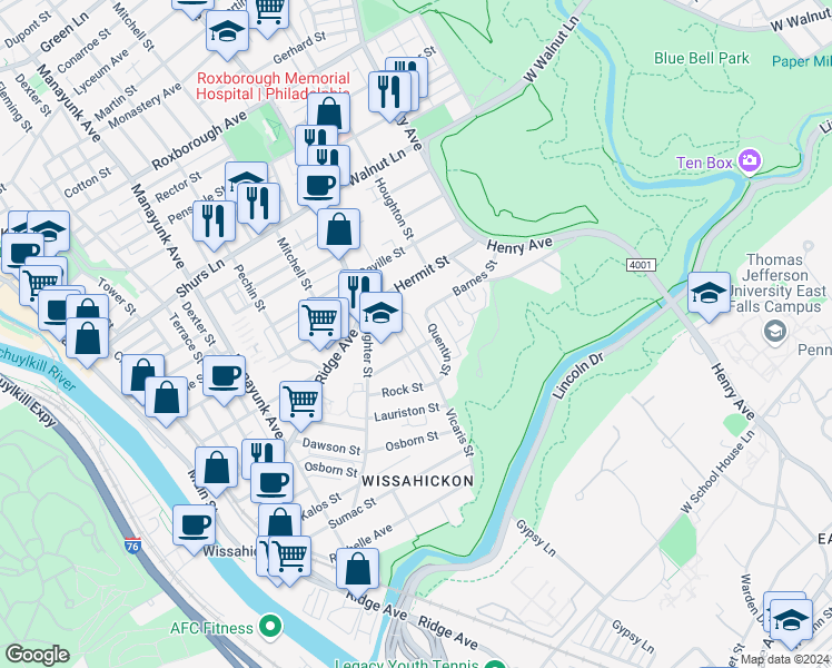 map of restaurants, bars, coffee shops, grocery stores, and more near 5453 Vicaris Street in Philadelphia