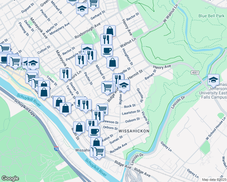 map of restaurants, bars, coffee shops, grocery stores, and more near 5444 Ridge Avenue in Philadelphia