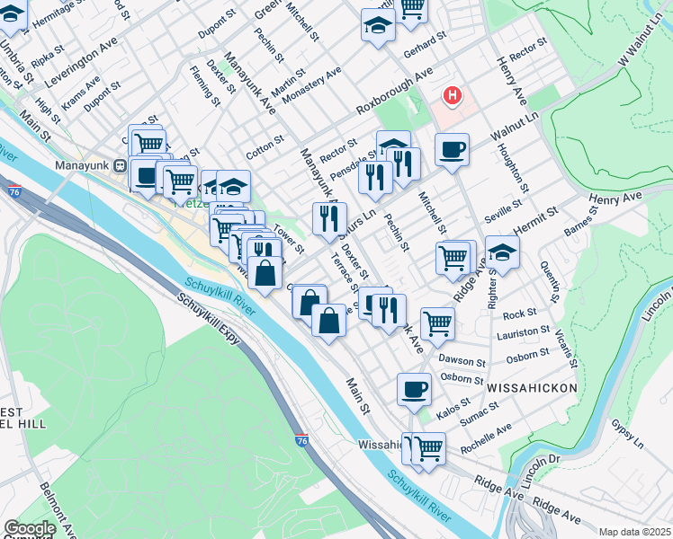 map of restaurants, bars, coffee shops, grocery stores, and more near 3954 Terrace Street in Philadelphia