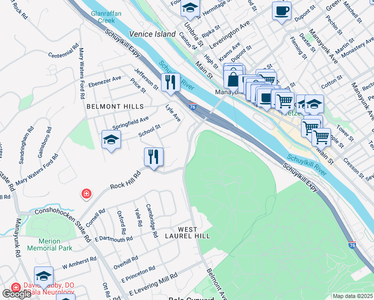 map of restaurants, bars, coffee shops, grocery stores, and more near 195 Belmont Avenue in Bala Cynwyd